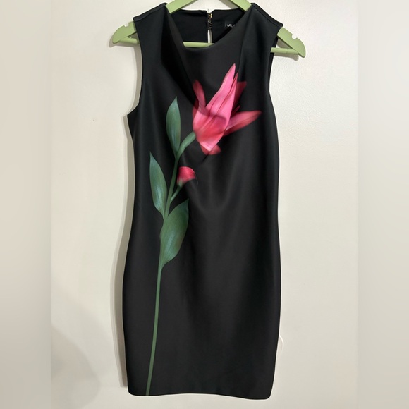 Halston Heritage Black Midi Sheath Dress with Pink Floral Detail NWOT SIZE 6 - Picture 2 of 8